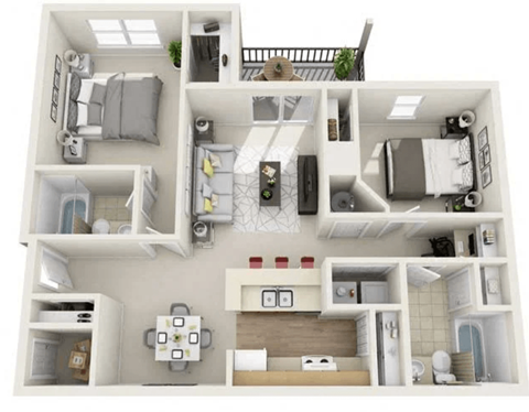 A 3D floor plan of a small apartment with a kitchen, living room, and bedroom.